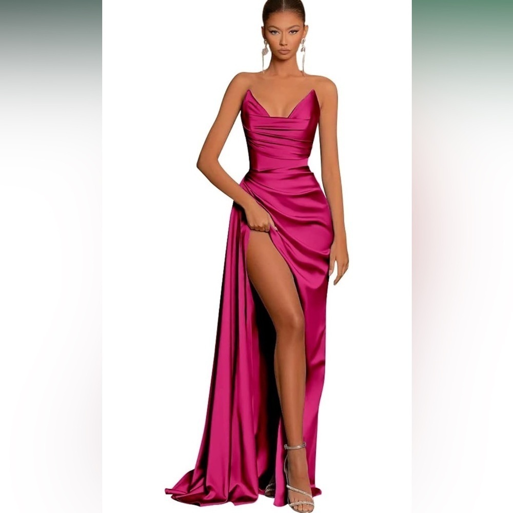 Off the Shoulder Satin Corset High Slit Pink Gown